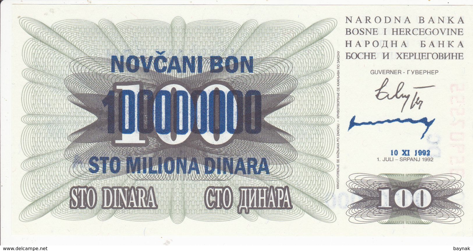 REPUBLIKA BOSNA I HERCEGOVINA  -  100 DIN. --  OVERPRINT  100.000.000 DIN.  --  1993  --  UNC - Bosnia And Herzegovina