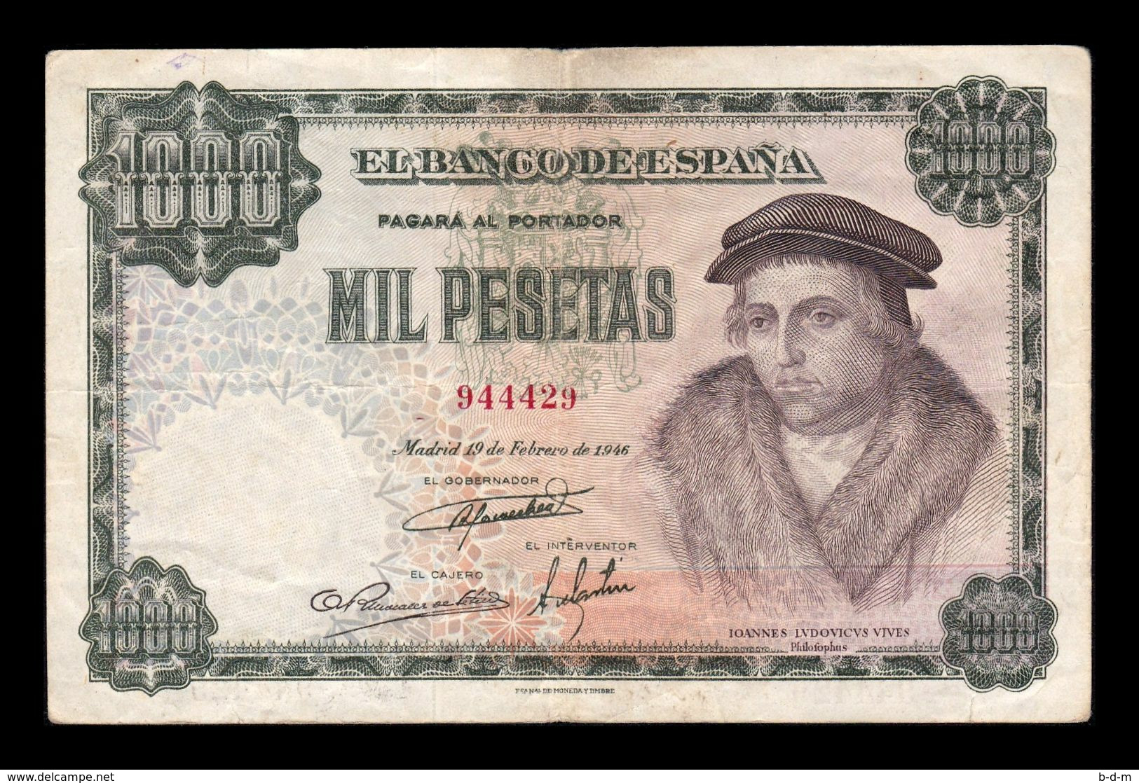 España Spain 1000 Pesetas Luis Vives 1946 Pick 133 BC/MBC F/VF - 1000 Peseten