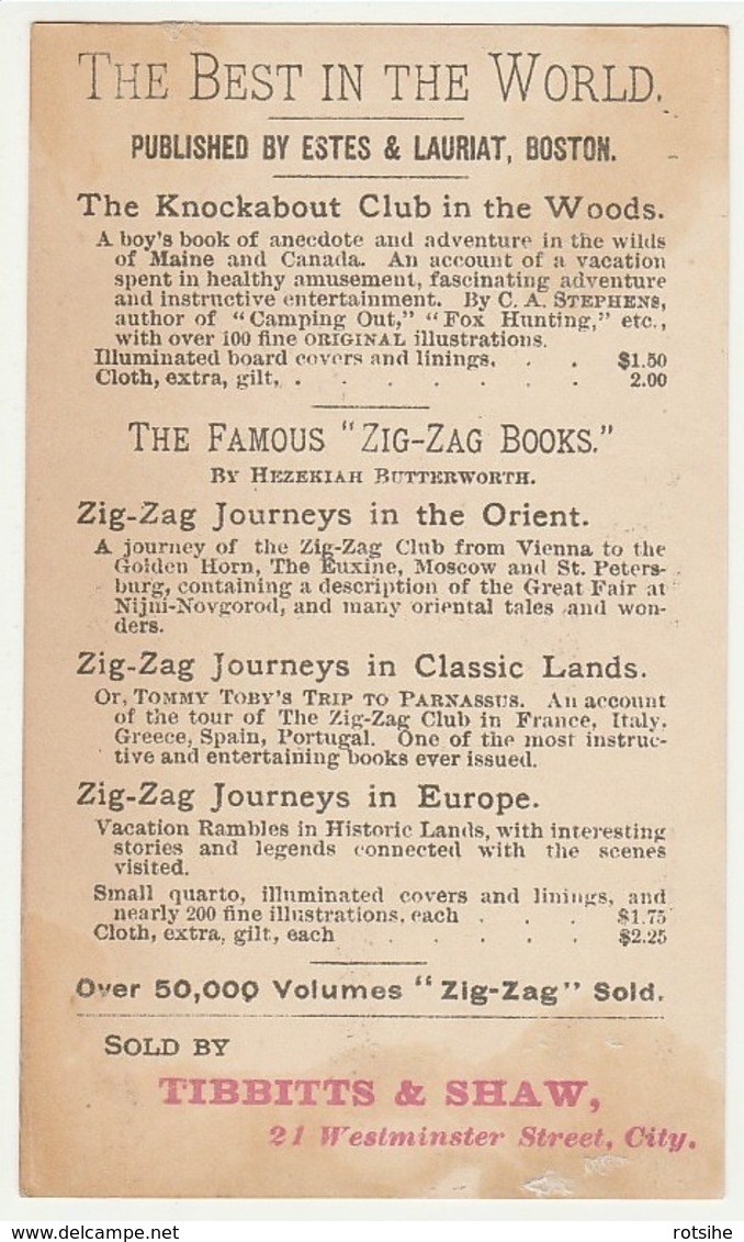 1800's Victorian American Trade Card Zig-Zag Books Travel Guides Tibbits Estes Boston Chromo Américaine - Sonstige & Ohne Zuordnung