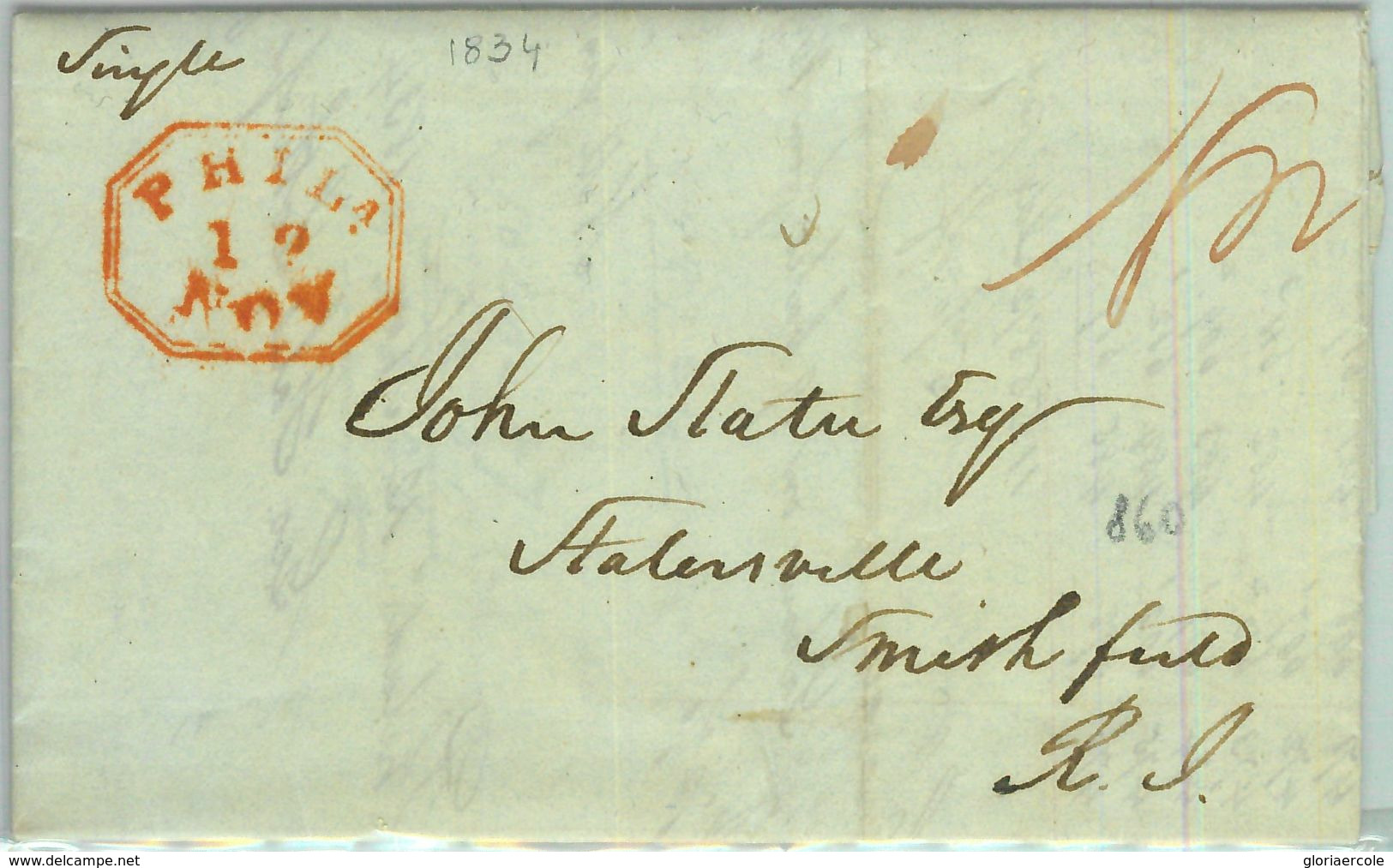 91281 - UNITED STATES USA - PREPHILATELIC Cover PHILADELPHIA To RHODE ISL. 1834 - …-1845 Préphilatélie