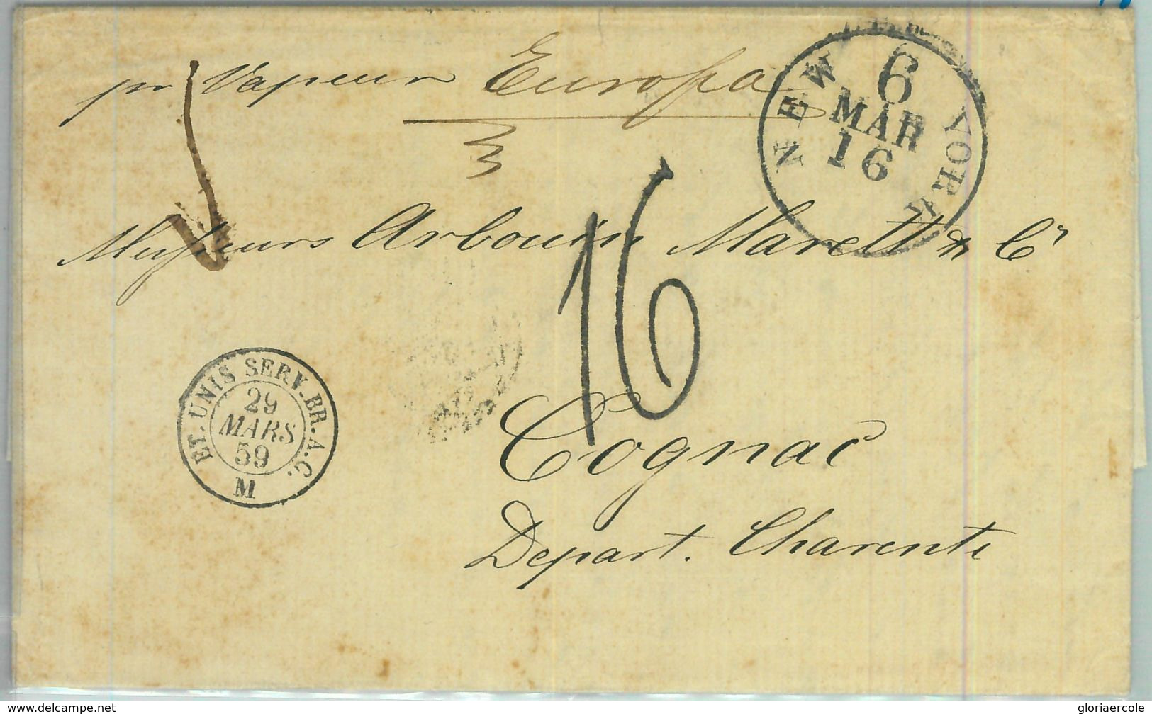91282 - UNITED STATES USA - PREPHILATELIC Cover NEW YORK 1859 Transatlantic Mail - …-1845 Vorphilatelie
