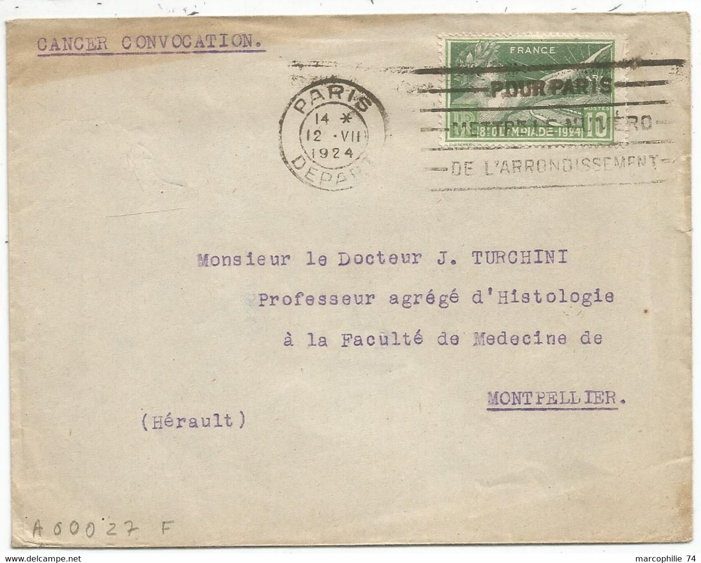 JEUX OLYMPIQUES 10C SEUL LETTRE PARIS DEPART 12.VII.1924 MENTION CONVOCATION - 1921-1960: Période Moderne