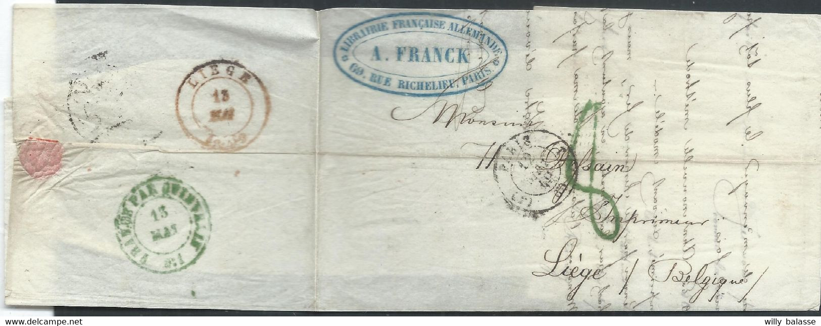 L De PARIS/1849 Pour Liège + "8" Au Tampon Vert (non Repris Chez VDLinden) + FRANCE PAR QUIEVRAIN / N°1 En Vert. RR - Bahnpoststempel