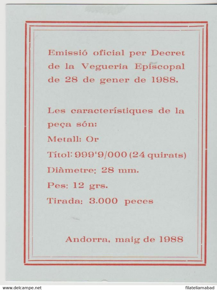 ANDORRA MONEDA DE ORO Nº 47 1988 VII CENTENARI DEL SEGON PAREATGE 1928-88 SERVEI D'EMISSIÓNS  (M.2) - Andorre