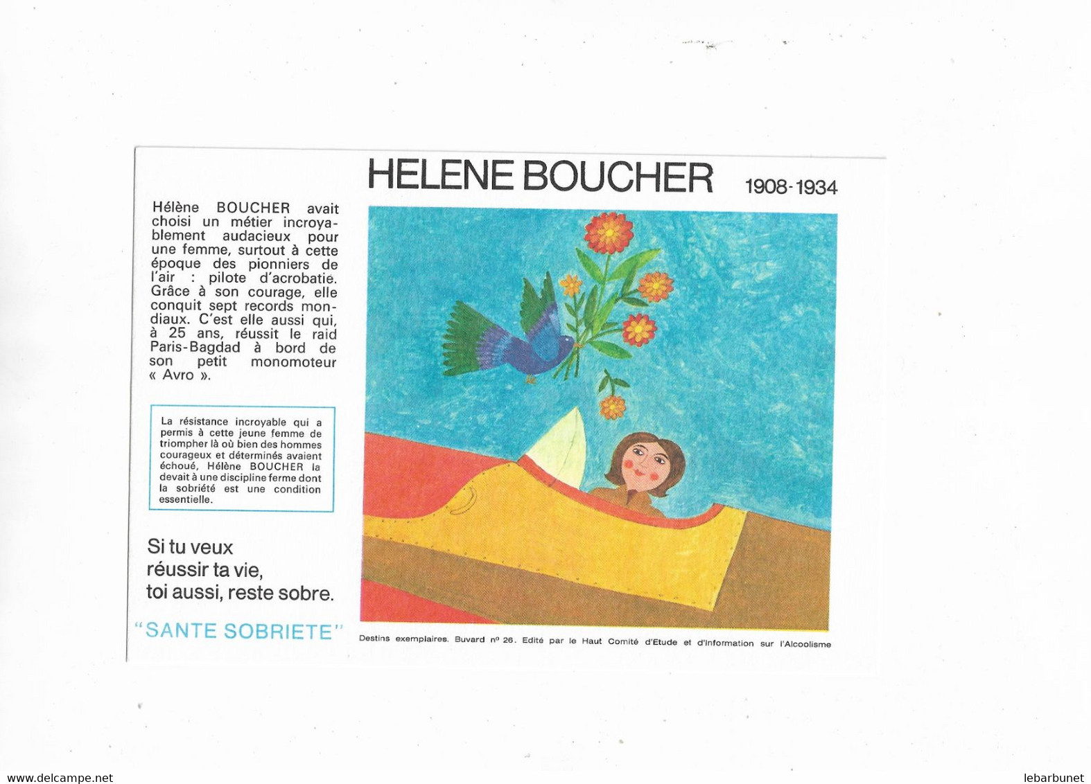 Buvard Ancien  Aviation, Hélène Boucher Lutte Contre L'alcolisdme - A
