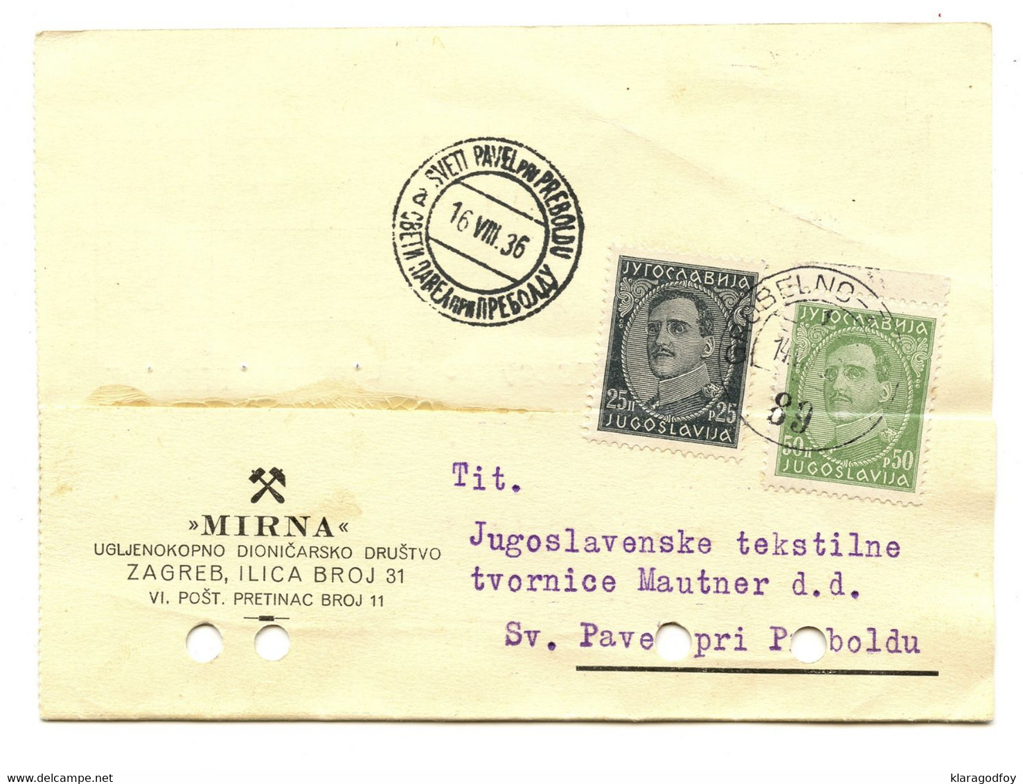 Mirna (Zagreb) Company Letter Card Registered Grobelno--Zagreb Railway Pmk Posted 1936 To Sveti Pavel Pri Preboldu - Slowenien