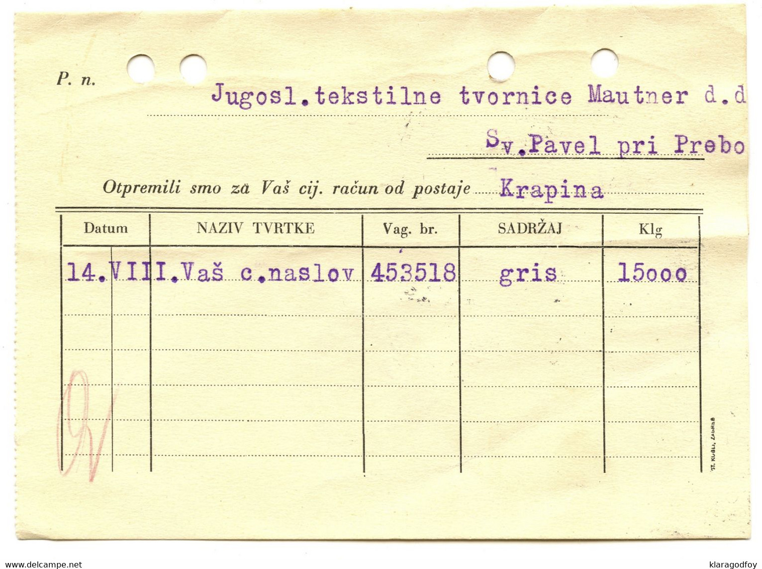 Mirna (Zagreb) Company Letter Card Registered Grobelno--Zagreb Railway Pmk Posted 1936 To Sveti Pavel Pri Preboldu - Slowenien