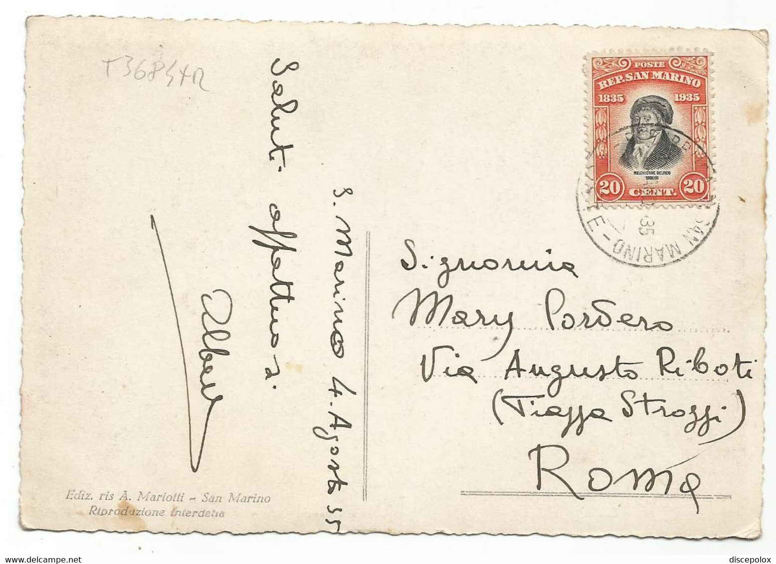 T3684 San Marino - La Rocca - 20 Centesimi Melchiorre Delfico / Viaggiata 1935 - Lettres & Documents