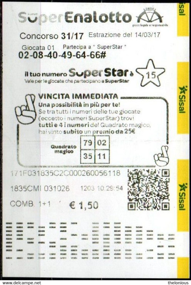 # Ricevuta Giocata SuperEnalotto - Sisal - Del 14/03/17 - Loterijbiljetten