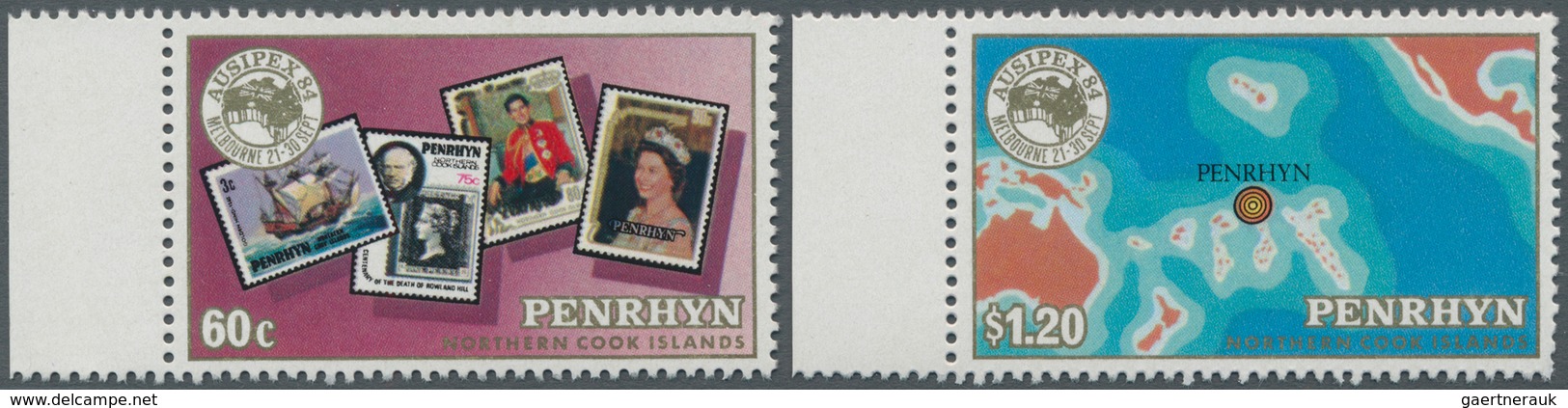 Penrhyn: 1984, AUSIPEX Stamp Exhibition Complete Set Of Two (old Stamps And Map Of South Pacific) In - Penrhyn