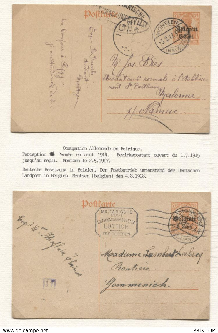 REF1889/ Entier CP Germania C.Montzen 5/2/17 & 4/8/18 > Gemmenich & Malonne C.d'arrivée Flawinne Censure Lüttich Liège - OC1/25 General Government