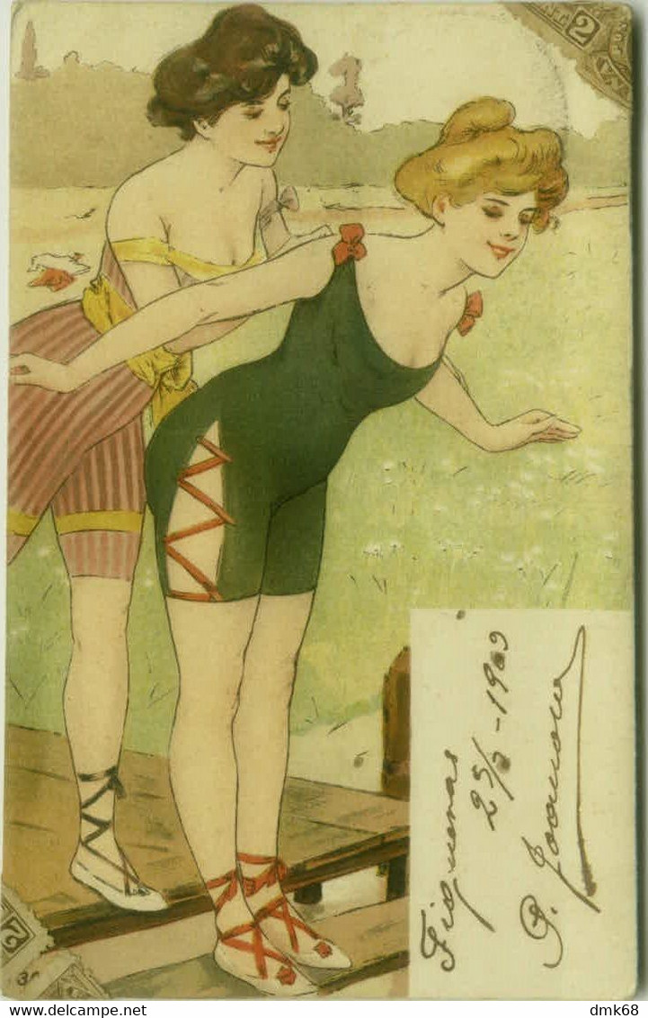 RISQUE ART 1900s POSTCARD - SEXI LADIES IN SWIM COSTUME - (BG912) - Other & Unclassified