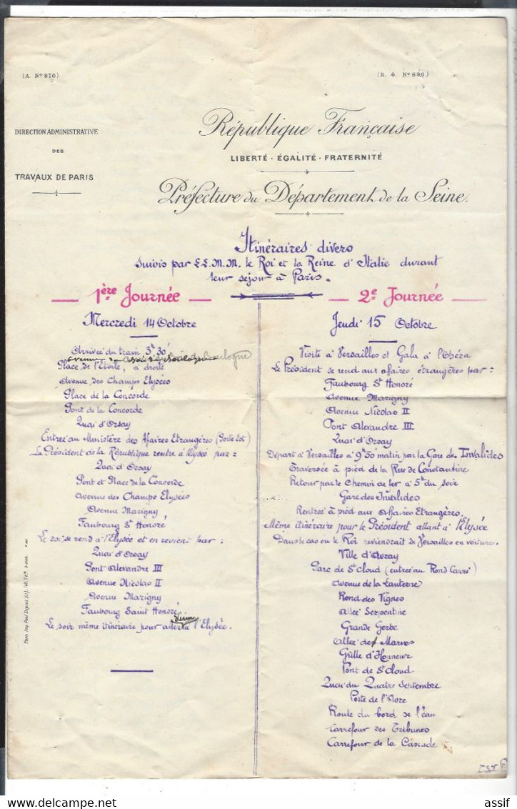 Paris Séjour Roi Et Reine D'Italie Octobre 1903 Itinéraires Suivis  14 /18 Octobre  ( 5 Journées ) Victor-Emmanuel III - Unclassified