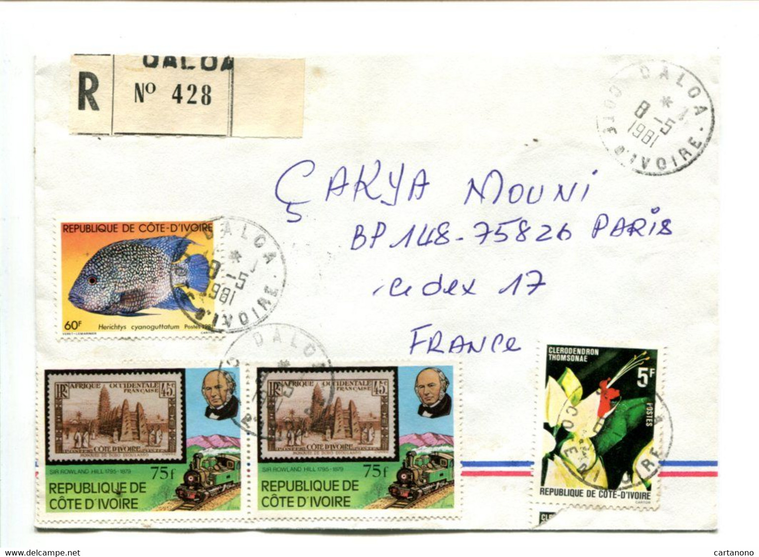 COTE D'IVOIRE - Affr. Sur Lettre Recommandée - Train Philatélie Rowland Hill Timbre Sur Timbre Poisson - Côte D'Ivoire (1960-...)