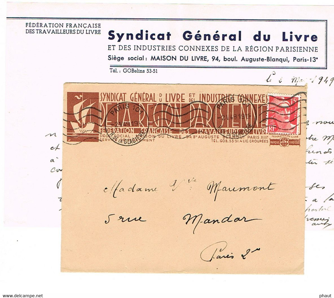 ENVELOPPE ET CONTENU  A EN-TETE SYNDICAT GENERAL DU LIVRE DE LA REGION PARISIENNE - 1921-1960: Modern Tijdperk