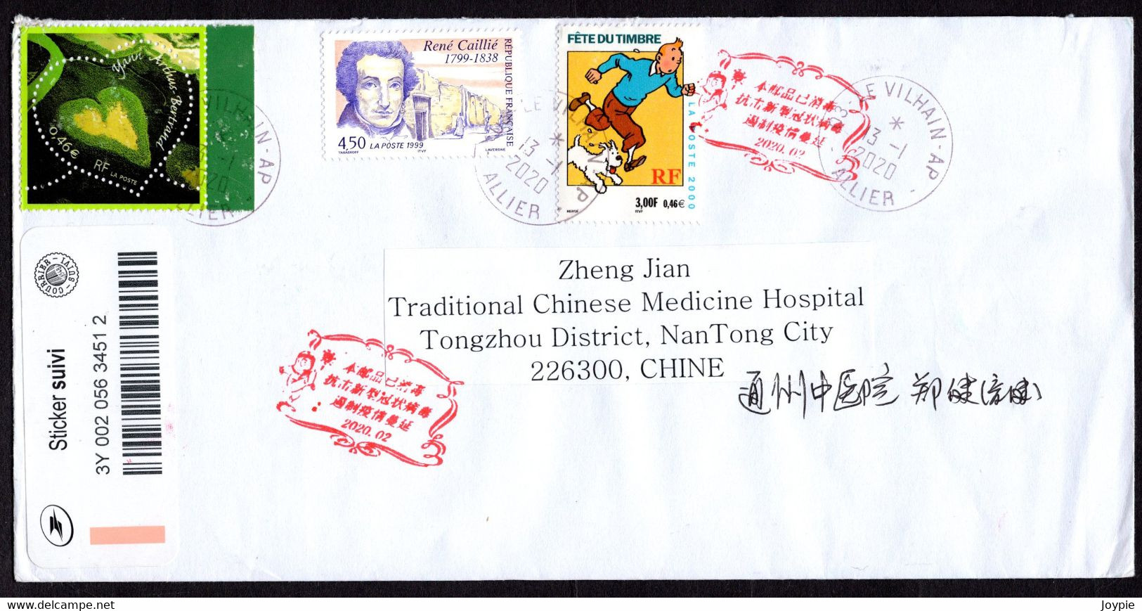 France(13 Jan.2020) To China(19 Feb.) Airmail,with France Track Label.China COVID-19 Disinfected Chop.(@Description) - Malattie