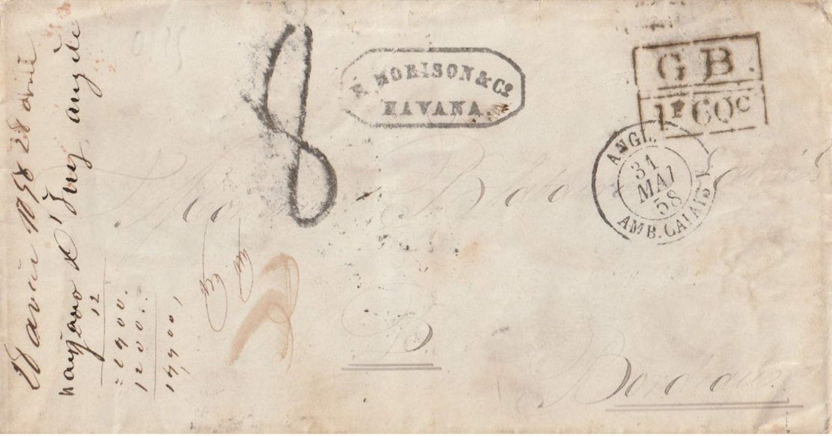 1858 - Enveloppe De LONDRES Pour BORDEAUX Entrée CALAIS Taxe 8 Tampon + Différents Cachets Au Dos. - 1849-1876: Klassik