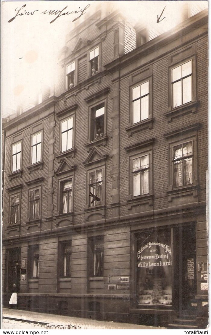 FRANKENBERG Sachsen Geschäft Wohnhaus Willy Leonhardt Emaille Schilder Original Private Fotokarte Gelaufen 11.9,1913 - Frankenberg