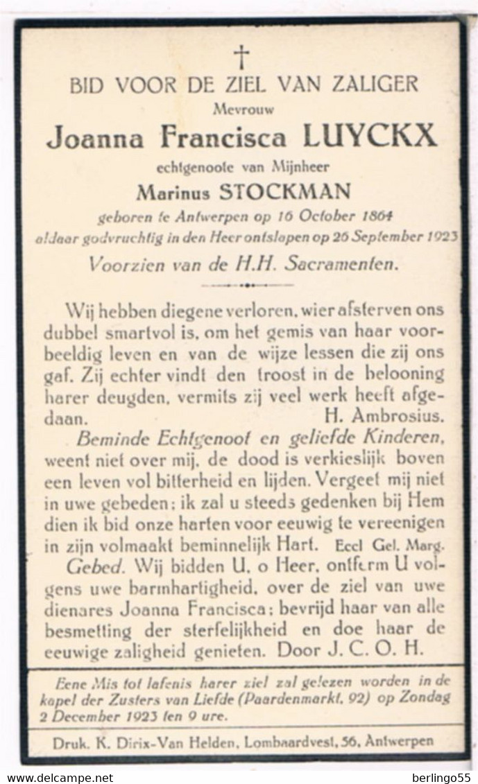 Dp. Luyckx Joanna. Echtg. Stockman Marinus. ° Antwerpen 1864 † Antwerpen 1923  (2 Scan's) - Religion & Esotérisme