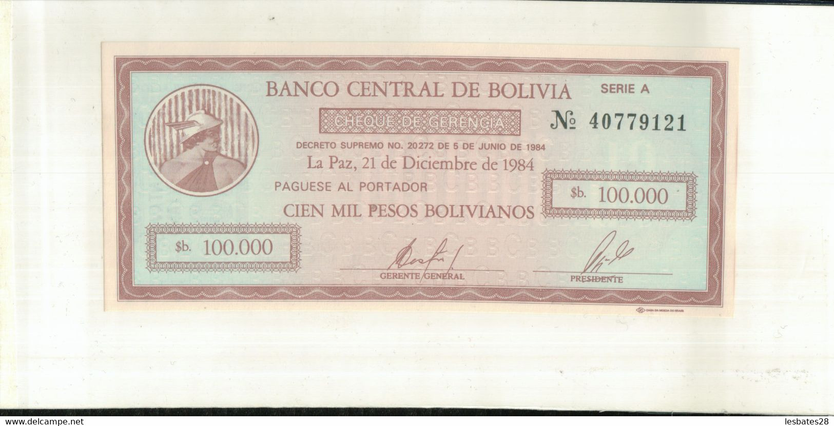 Billet Bolivie  100,000 Pesos Bolivianos  1984  TTB+  Sept 2020  Clas Noir 18 - Bolivië