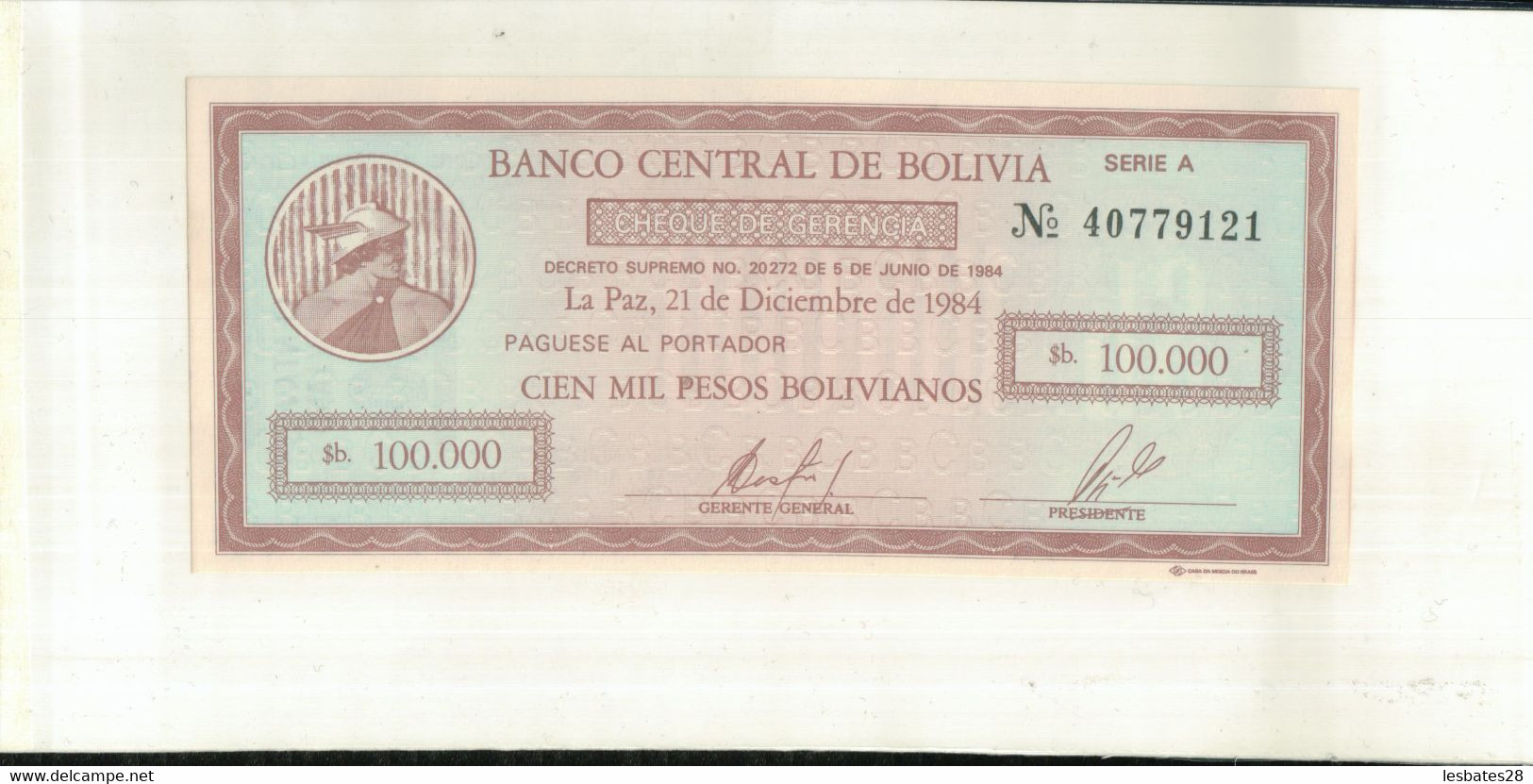 Billet Bolivie  100,000 Pesos Bolivianos  1984  TTB+  Sept 2020  Clas Noir 18 - Bolivia