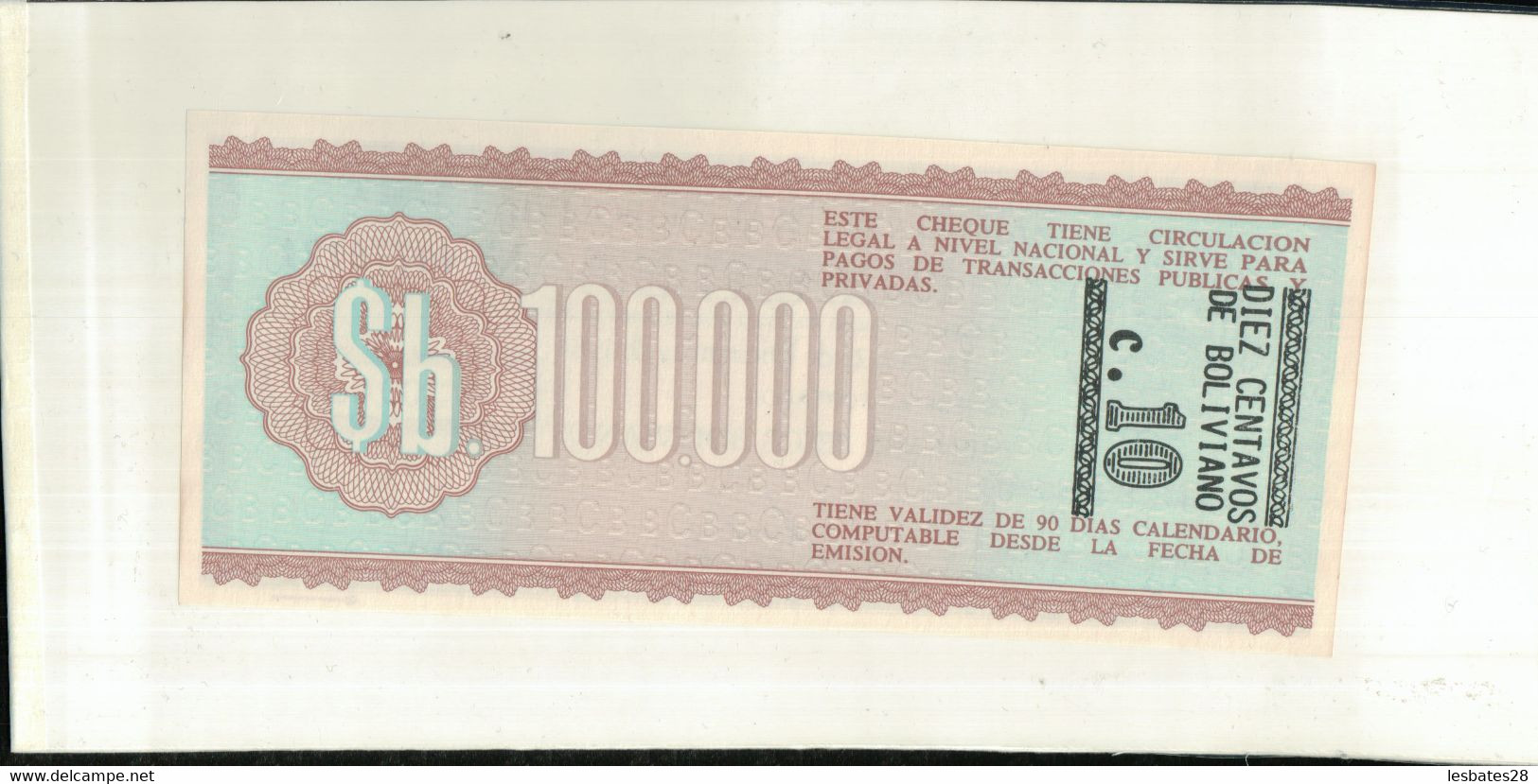 Billet Bolivie  100,000 Pesos Bolivianos  1984  TTB+  Sept 2020  Clas Noir 18 - Bolivie