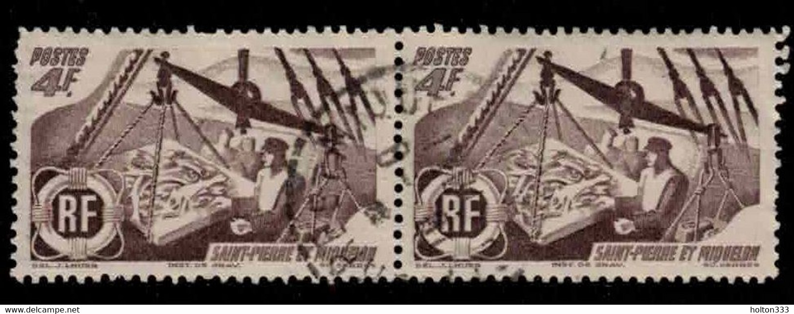 ST PIERRE & MIQUELON Scott # 336 Used Pair - Fishermen Weighing The Catch - Oblitérés