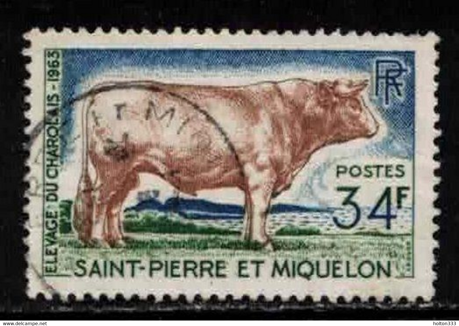 ST PIERRE & MIQUELON Scott # 373 Used 3 - Charolais Bull - Usati