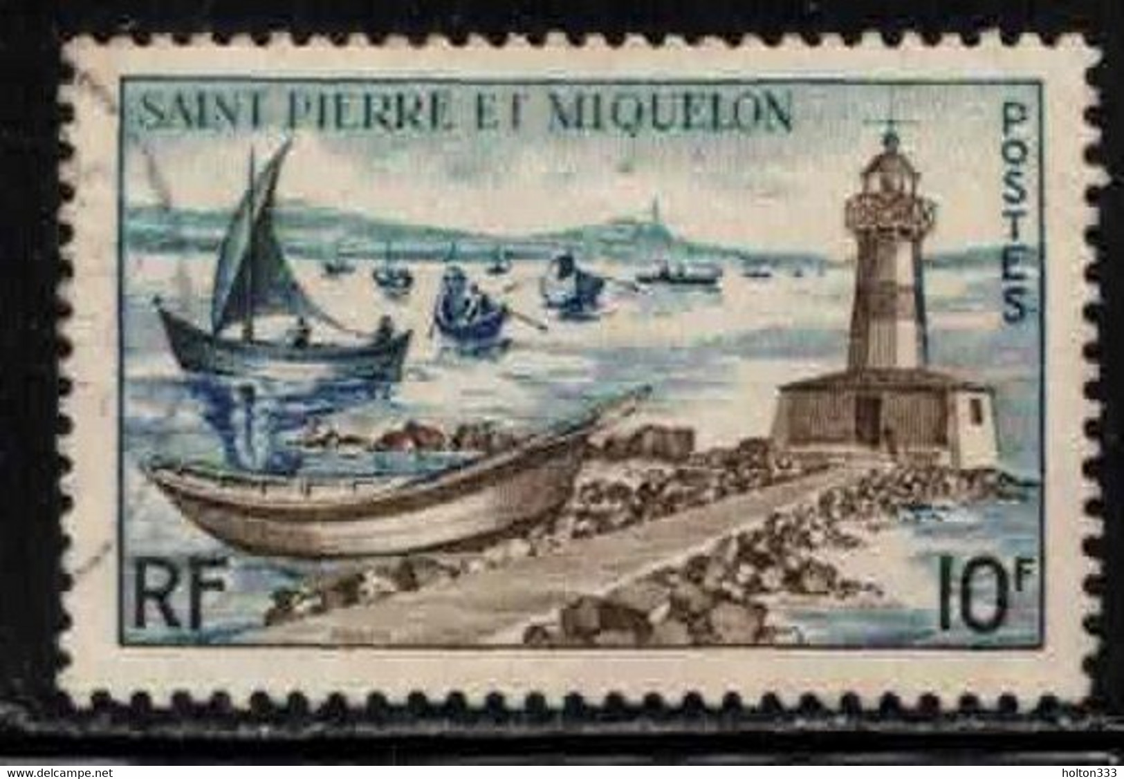 ST PIERRE & MIQUELON Scott # 355 Used 1 - Lighthouse & Fishing Fleet - Used Stamps