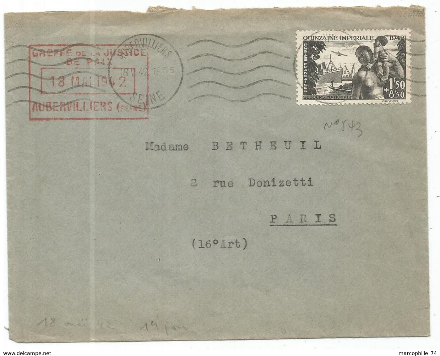 N°543 SEUL LETTRE AUBERVILLIERS 18.V.1942 1ER JOUR DU TIMBRE ET AU TARIF - 1921-1960: Période Moderne