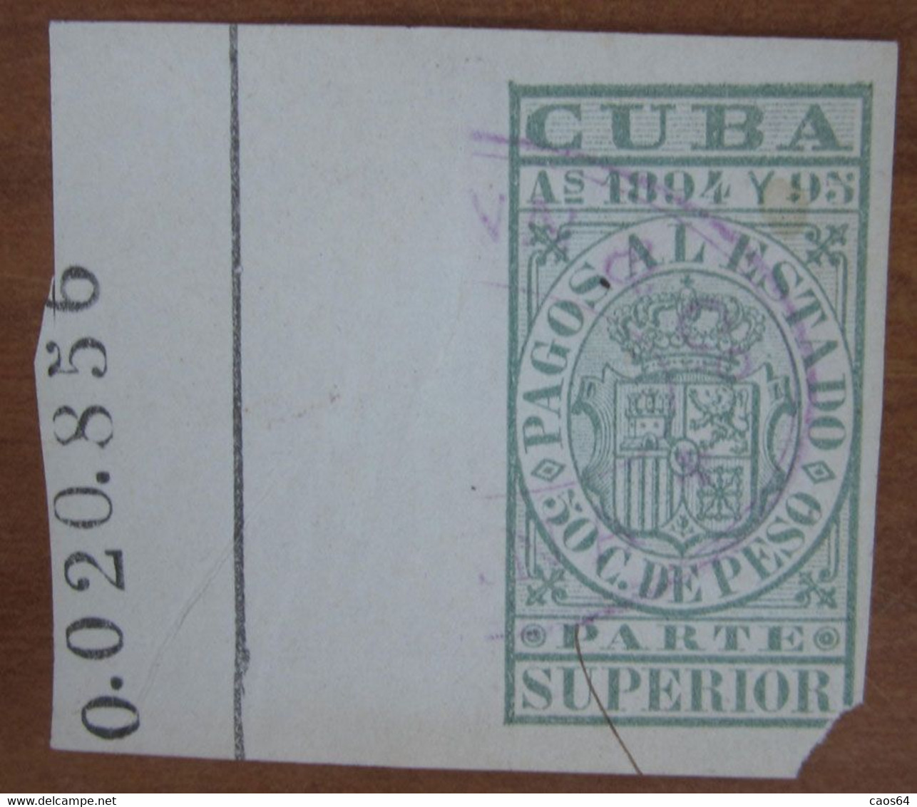 1894 1895 CUBA Fiscali Revenue Tax Pagos Al Estado 50 Ctv Superior - Usato - Impuestos