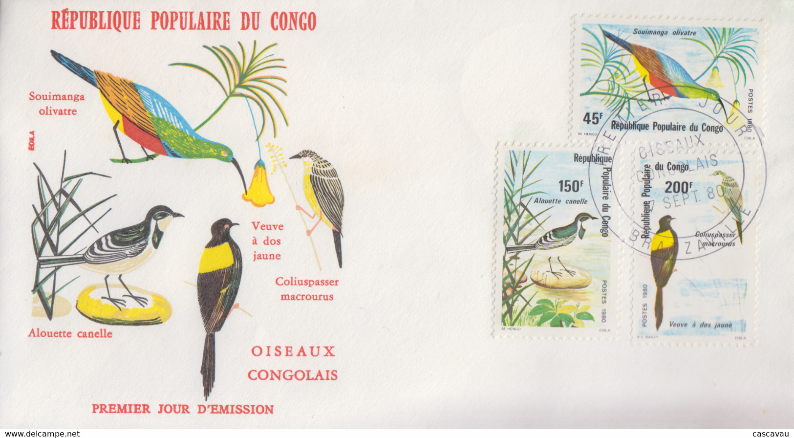 Enveloppe  FDC   1er    Jour    CONGO     Oiseaux  Congolais    1980 - FDC