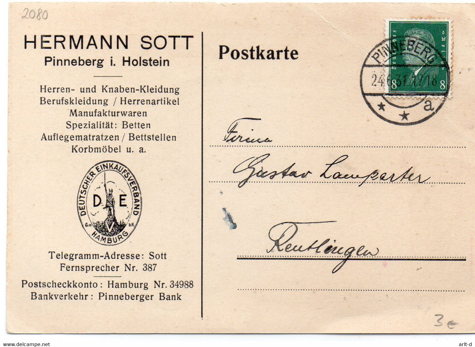 DC3443 - Holstein-Pinneberg Hermann Sott Kleidung F. Herren U. Knaben Reklame Drucksache - Pinneberg