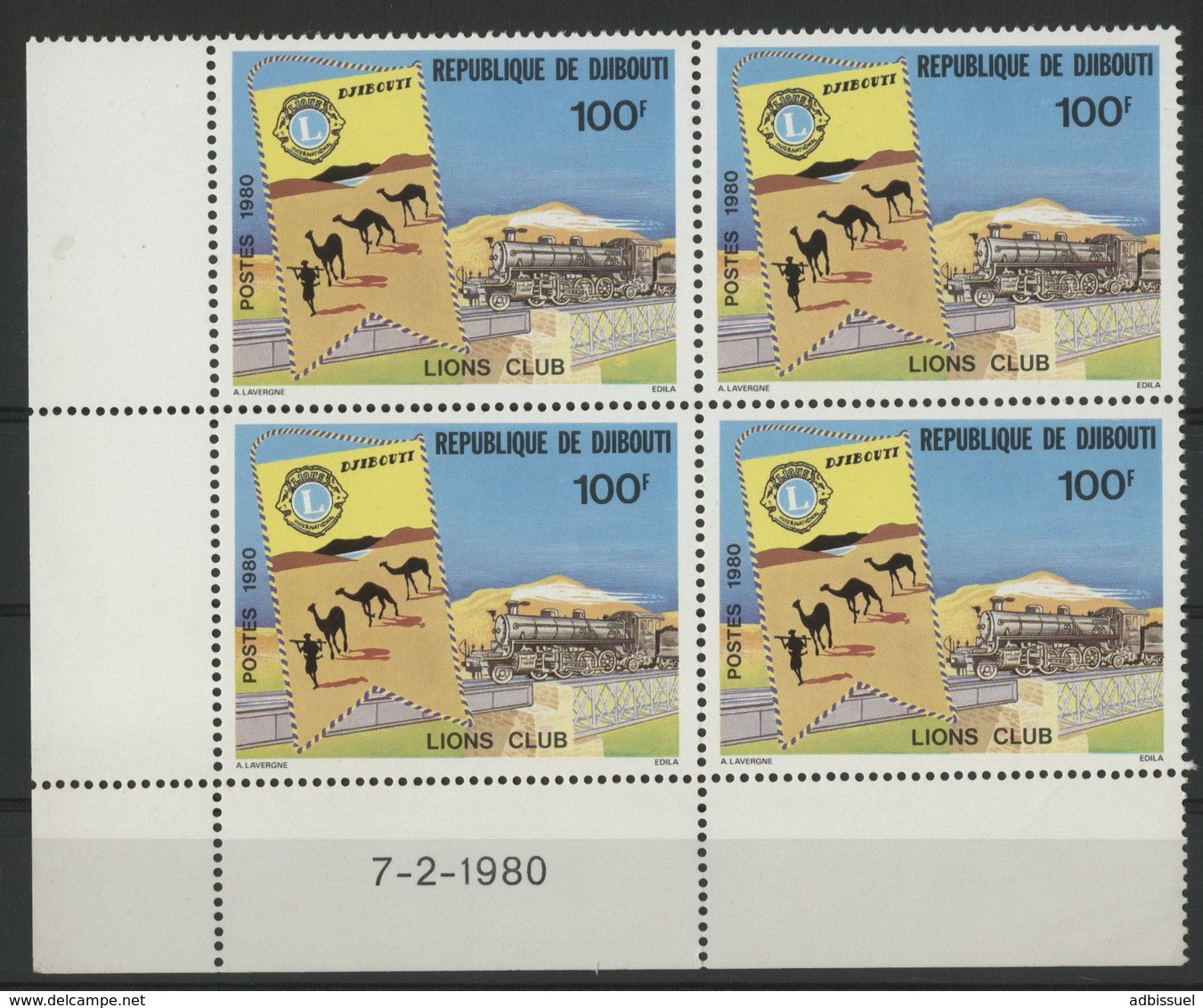 DJIBOUTI N° 516 COTE 12 € NEUFS ** MNH . BLOC DE QUATRE AVEC COIN DATE LIONS CLUB.  TB - Rotary, Club Leones