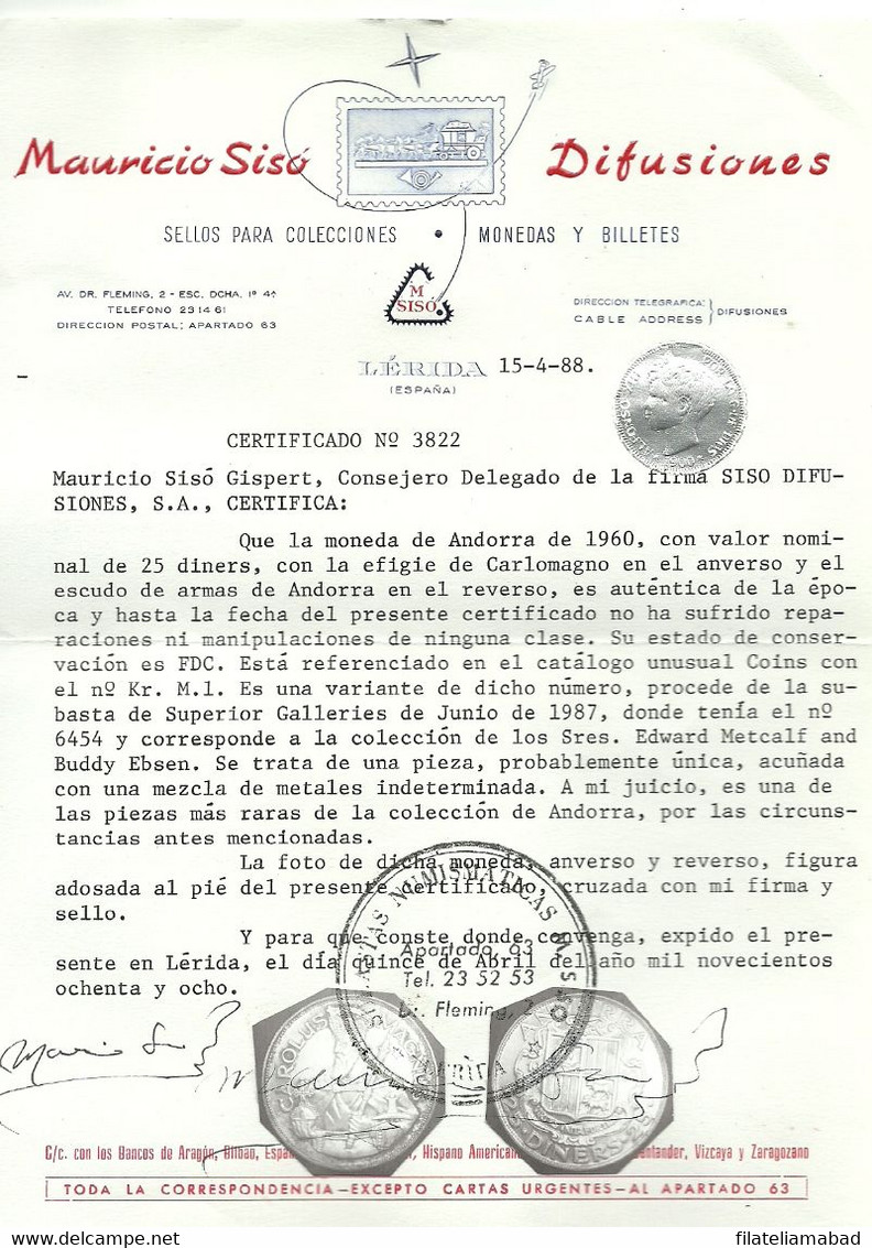 ANDORRA MONEDA  SUS CARACTERITICAS SEGUN FIGURAN EN SU CERTIFICDO DE AUTENTICIDAD (J.F.N) - Andorre