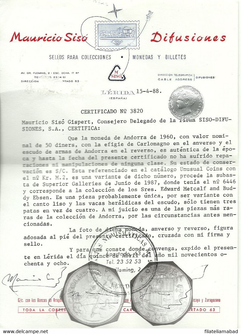 ANDORRA MONEDA  SUS CARACTERITICAS SEGUN FIGURAN EN SU CERTIFICDO DE AUTENTICIDAD (J.F.N) - Andorra