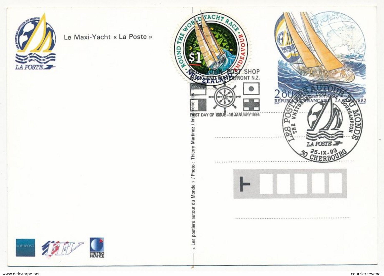 FRANCE - CP Maxi-Yacht "La Poste" - Obl Illustrée Cherbourg + Timbre Nouvelle Zélande WorldYacht  10/1/1995 - Cartes Postales Types Et TSC (avant 1995)