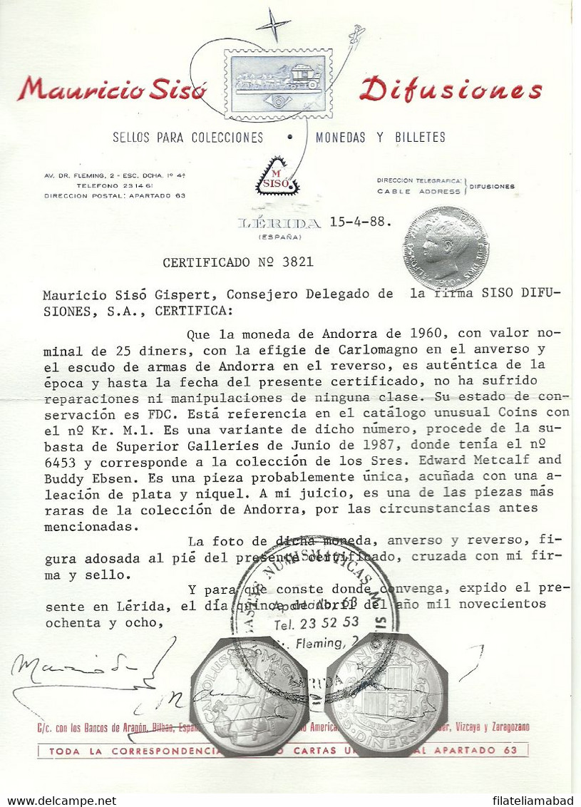 ANDORRA MONEDA  SUS CARACTERITICAS SEGUN FIGURAN EN SU CERTIFICDO DE ATENTICIDAD (J.F.N) - Andorra