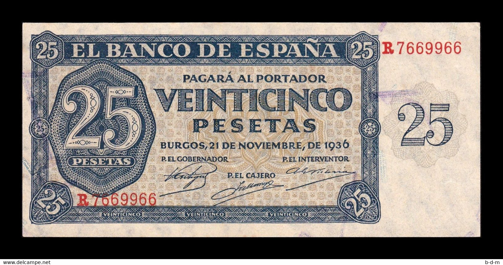 España Spain 25 Pesetas Burgos 1936 Pick 99 Serie R SC- AUNC - 25 Pesetas