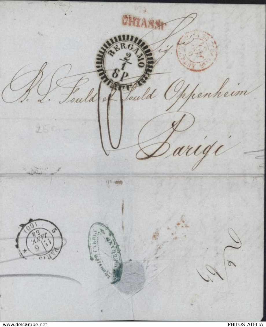 Italie Cachet Bergamo 2 1 8P Marque Postale CHIASS? CAD Entrée Rouge Autriche Beau PR 6 JANV 1854 Taxe Manuscrite 10 - Non Classés