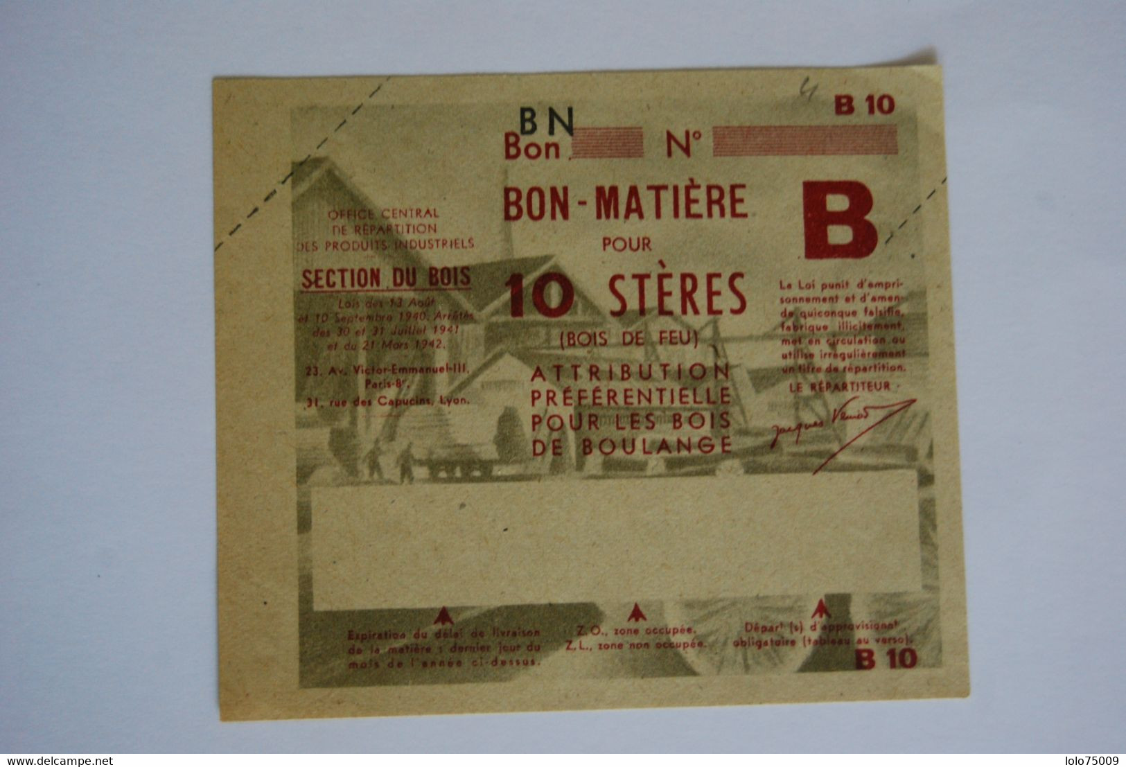 Rationnement - Billet Matiere Ocrpi 10 Steres Bois De Boulange - Historische Dokumente