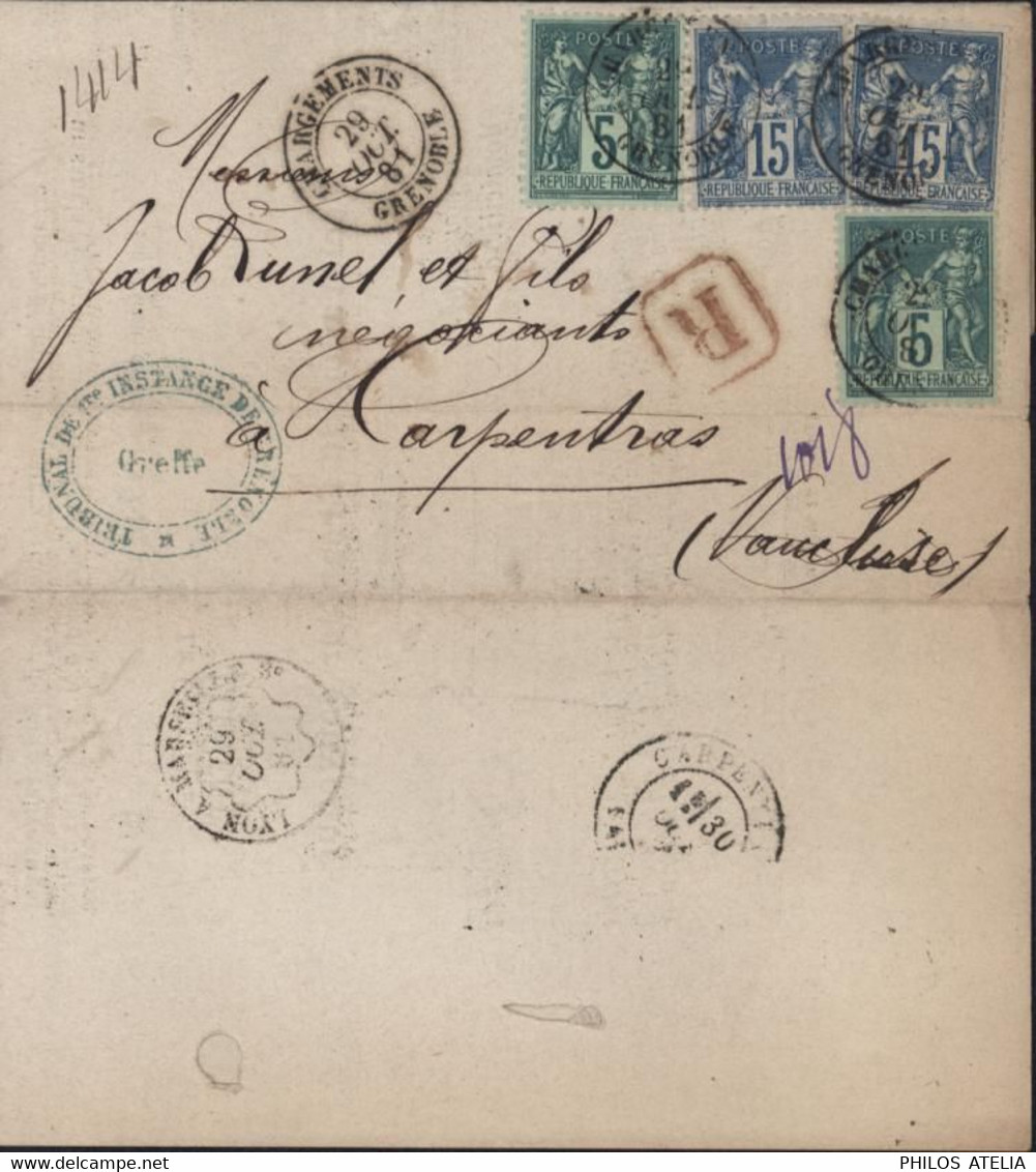 Lettre Recommandée Cachet Tribunal De 1ere Instance De Grenoble YT SageN° 75 X2 + 90 X2 CAD Chargement Grenoble 29 OC 81 - 1876-1898 Sage (Type II)