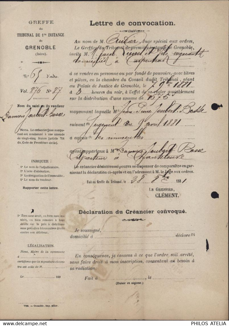 Lettre Recommandée Cachet Tribunal De 1ere Instance De Grenoble YT SageN° 75 X2 + 90 X2 CAD Chargement Grenoble 29 OC 81 - 1876-1898 Sage (Type II)