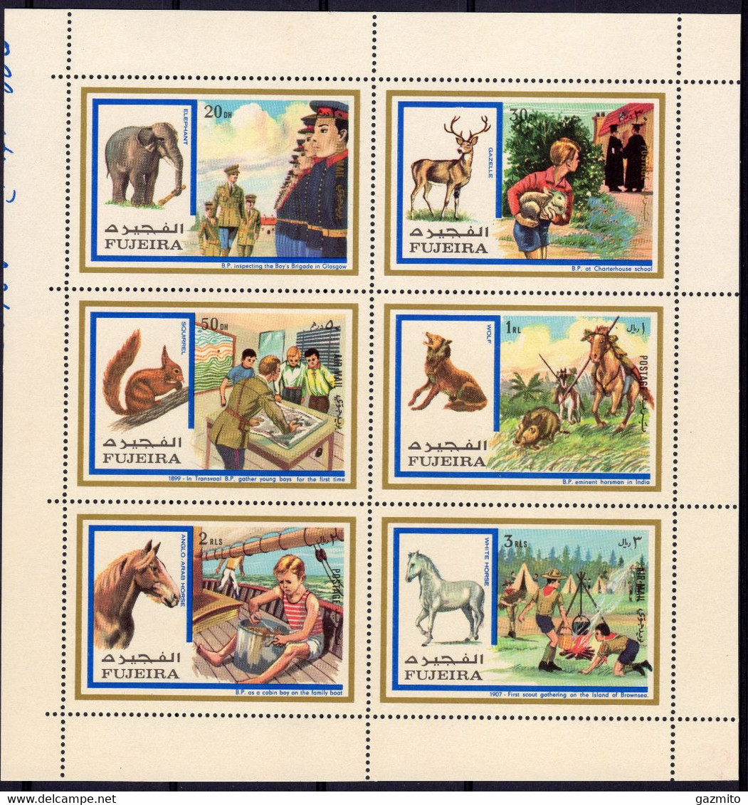 Fujeira 1972, Scout And Animals, Deer, Squirrel, Horses, Wolf, Elephant, Block - Nager