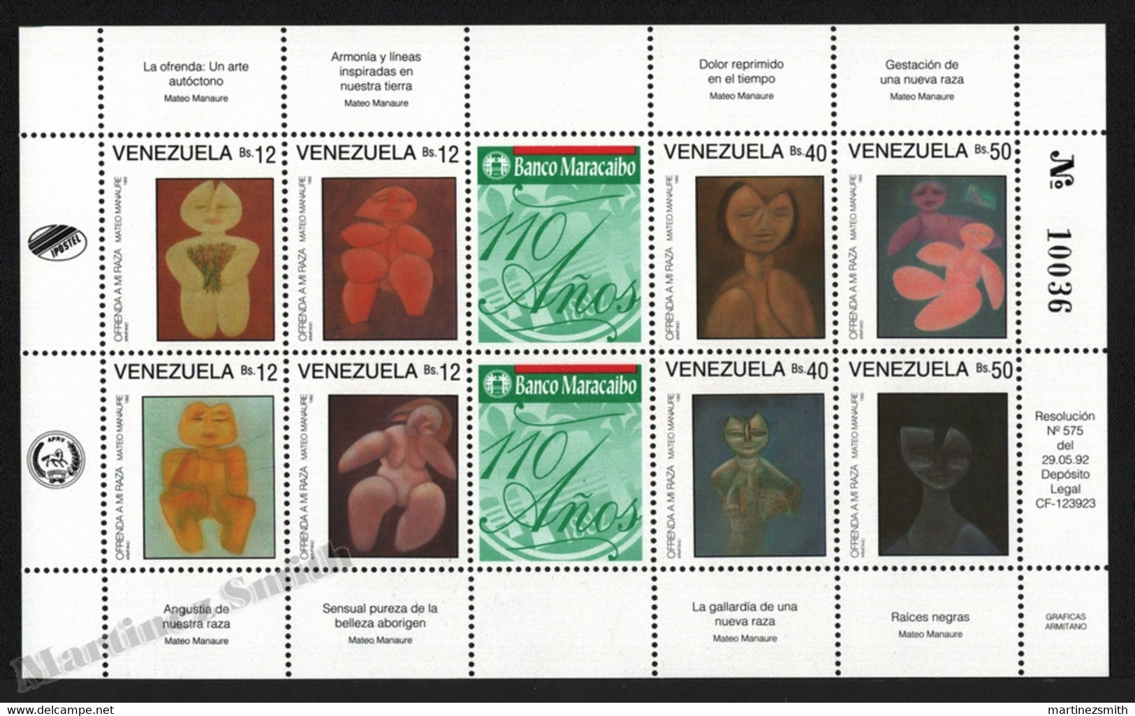 Venezuela 1992 Yvert 1593-600, Art. Paintings By Mateo Manaure. 110th Anniv Maracaibo Bank - Miniature Sheet - MNH - Venezuela