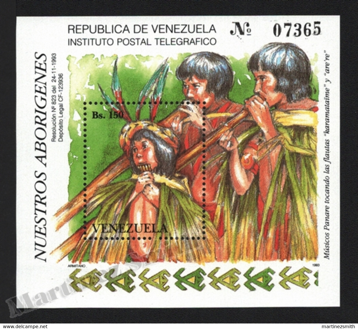 Venezuela 1993 Yvert BF 39, Culture. Indigenous People. Panare Musicians - Miniature Sheet - MNH - Venezuela