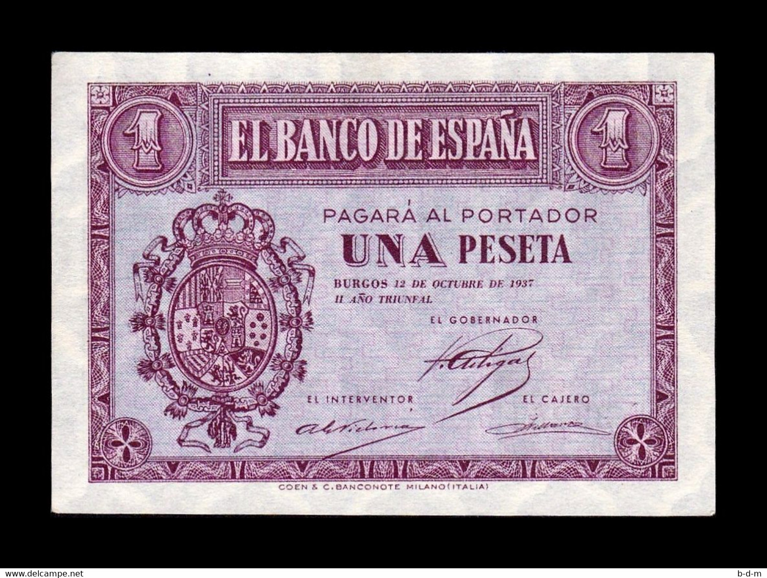 España Spain 1 Peseta Burgos 1937 Pick 104 Serie C SC UNC - 1-2 Pesetas