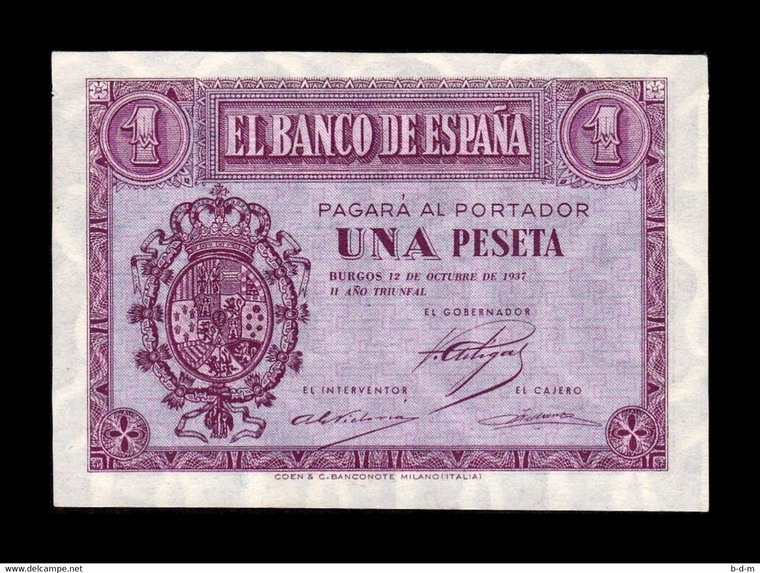 España Spain 1 Peseta Burgos 1937 Pick 104 Serie D SC- AUNC - 1-2 Pesetas