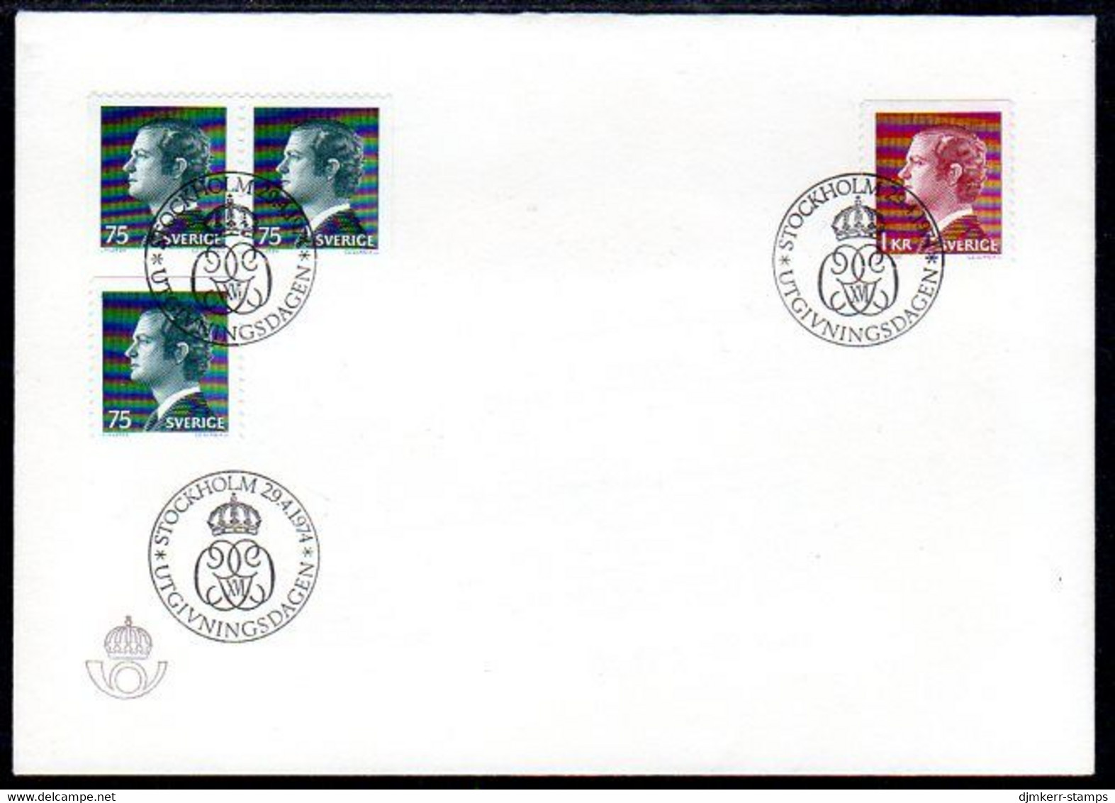 SWEDEN 1974 Carl XVI Definitive 75 Ö,  1 Kr  FDC.  Michel 850, 851yA - FDC