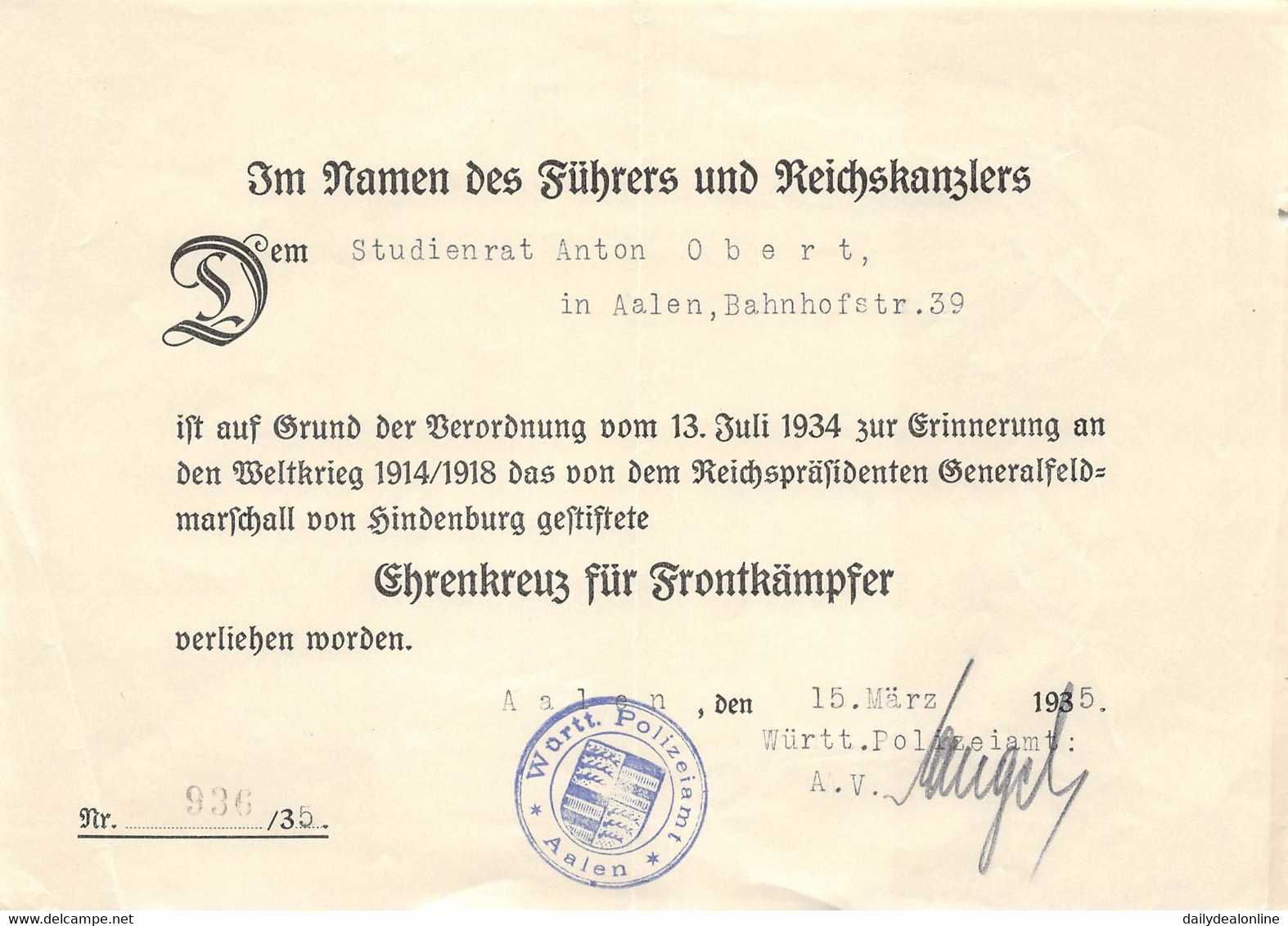 Verleihungsurkunde 1935 Ehrenkreuz Für Frontkämpfer Zur Erinnerung An Den Weltkrieg 1914/18 Aalen - Germania